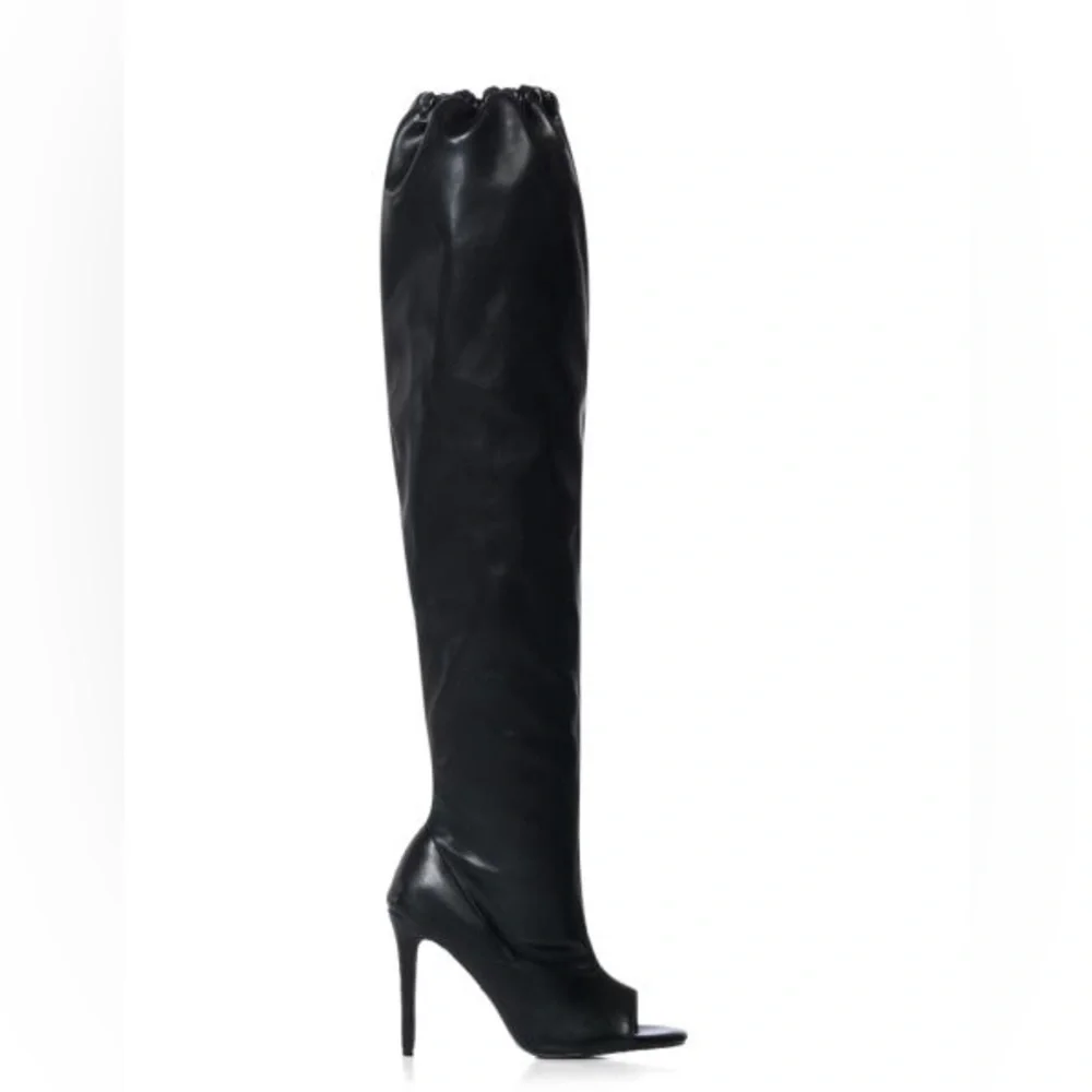 AZALEA WANG Black Leather Open Toe Slouchy Thigh Boots